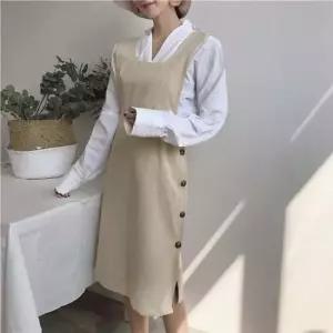 점프슈트 소녀소녀한 멜빵원피스 옆단추 면점프수트원