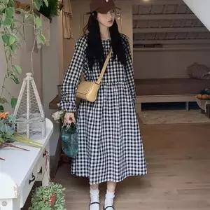 볼드 체크 롱원피스 라운드넥 플레어핏 나들이 데일리