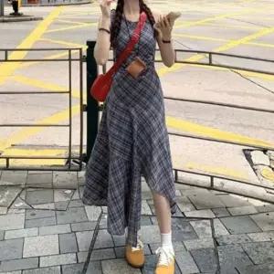 휴양지룩 언밸런스 플레어 체크라인 엘레강스 롱원피스