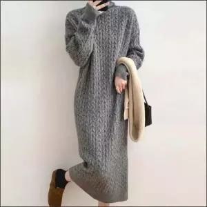 니트 롱원피스 목폴라 겨울 하이넥 꽈배기 데일리 터틀넥