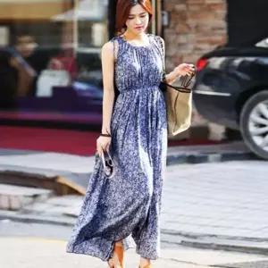 패턴 플레어 롱원피스 민소매 주름 나시원피스 바캉스