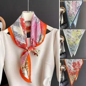 새틴 원단 플라워 패턴 쁘띠 스카프 목걸이형 미니 목도리 실크 숄 꽃무늬