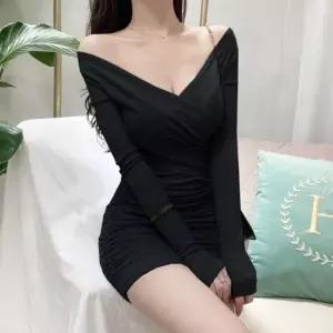 브이넥 오프숄더 슬림 긴팔 치마 여성 미니 원피스