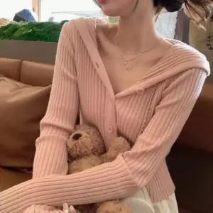 얇은 골지 니트 여성 간절기 크롭 긴팔 후드 가디건