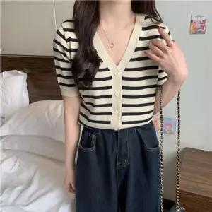 여성 스트라이프 브이넥 반팔 니트 숏 가디건 카디건