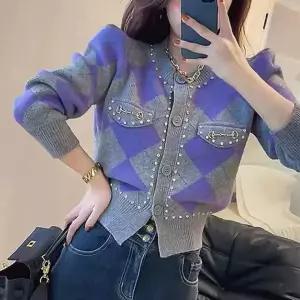 여성 아가일 패턴 니트 가디건 라운드넥 패션 카디건