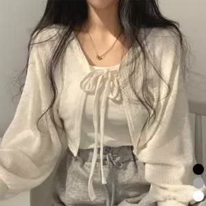 여성 지그재그 패턴 스트링 크롭 볼레로 가디건