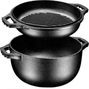 그릴 뚜껑이 있는 브룬트모어 2-in-1 프리시즌 무쇠 더치 오븐 3.3쿼터 - 코코트 냄비 및 이중 손잡이가 팬