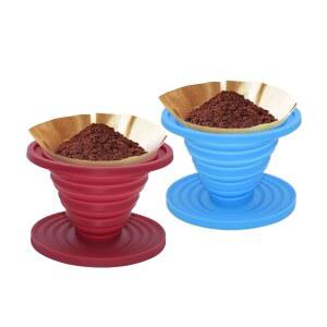 커피 드립퍼 위에 접을 수 있는 2개의 접이식 붓기, 재사용 가능한 실리콘 필터 홀더, 식품 등급 실리콘, 캠핑, 피크닉, 파티, 여행, 사무실(파란색 + 빨간색)에 적합합니다