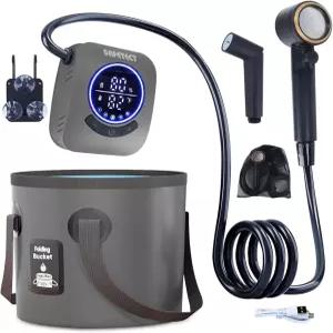 휴대용 샤워기 캠프 샤워 펌프 IPX8 방수 8000mAh 충전식 5단 모드 및 4단 워터 캠핑 20리터 접이식 버킷