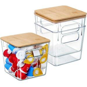 Qilinba K 컵 홀더 커피 포드 정리함 대용량 투명 보관 용기통, 바 정리 및 보관용 대나무 뚜껑 포함 (3팩)