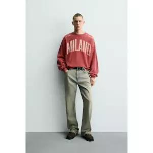 ZARA 워싱 콤비 프린트 스웨트셔츠 - 미디움 레드