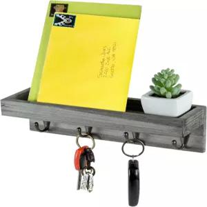 마이기프트 10인치 플로팅 월 선반후크 포함 빈티지 그레이 우드 입구 수납 선반메탈 키후크