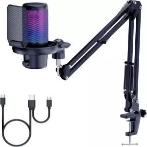 FEELWORLD VM1 게이밍 PC USB 마이크 콘덴서 노이즈 캔슬링 음소거 RGB 조명 게이머를 위한 컴퓨터