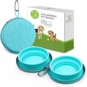 지퍼 실리콘 케이스가 있는 접이식 트윈 볼 휴대용 여행용 개 사료 2대 1 카라비너 클립이 비스키드 음식