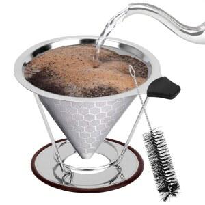 커피 드립퍼 위에 붓기, 재사용 가능한 스테인리스 메이커 붓기 (1-4컵), 종이 없이 쉽게 청소할 수 있는 스탠드 및 보너스 브러시가 포함된 파인 메시 스트레이너