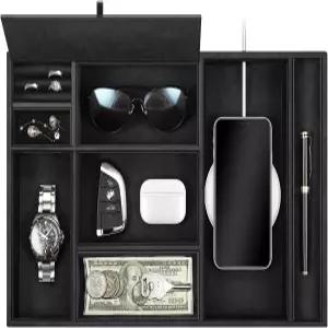 시튼 발렛 트레이 데스크톱 정리함 8칸 캐치올 EDC PU 가죽 침대 옆 배니티 나이트스탠드 캐디 코인 박스