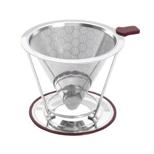 HAPPYHOOOM 커피 드립퍼 스테인리스 스틸 필터 금속 콘 종이 없는 재사용 가능한 단일 컵 메이커 1-2 컵, 미끄럼 방지 및 탈착식 스탠드 포함