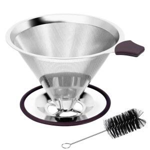 커피 필터 위에 드립퍼를 붓습니다. 콘 스테인리스 스틸 재사용 가능한 종이 없는 이중 레이어 메쉬 컵 금속 미세 스트레이너 슬로우 드립 휴대용 스탠드 및 청소 브러시 캠핑