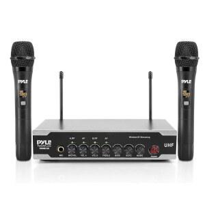 PYLE 휴대용 UHF 무선 마이크 시스템 배터리로 작동하는 듀얼 블루투스 세트 핸드헬드 송신기 2개 포함 리시버 베이스 AUX RCA PA 노래방 DJ 파티용 PDWM2125