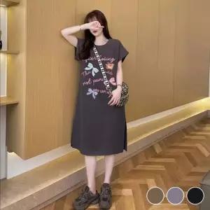 꾸안꾸 트임 키치 리본 베어 반소매 원피스