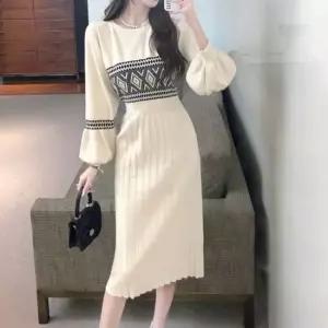 플리츠 스커트느낌 신축성 에스닉 디자인 니트 원피