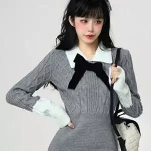 카라 브로치 배색 소매 원피스 니트 리본 미니원피스