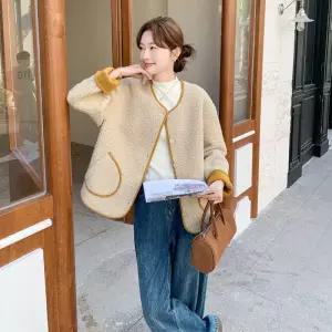 여성패션 모피 코트 카키 램스울 반 겨울 보온상의 DL4