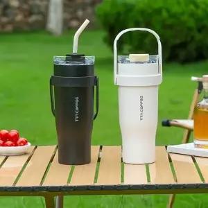 TTN COFFEE 1.25L 대용량 핸들 거치대 텀블러 스텐빨대 솔포함 이중진공 보온 보냉 스텐 콜드컵