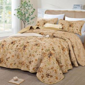 도빌리 퀼트 세트 퀸 사이즈, 카키 플로럴 침대 스프레드 커버렛 세트, 부드러운 경량 극세사 식물 꽃 퀼트 침구 세트 3종, 사계절용 96
