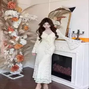 여사친 스커트 롱 프렌치 아이템 소매 트렌디 힙업 긴팔레이스 플리츠 플레어 넥 HT4