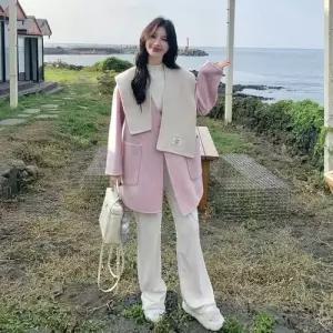 핑크 울 여성용 데일룩 코트 모피 더블 겨 부드러운 케이프 네크라인 DAOL4