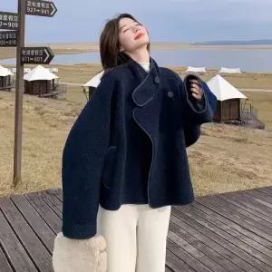 여성 네이비 빈티지 겨울 데일룩 코트 모피 램스울 반 따뜻한 퍼 상의 DAOL4