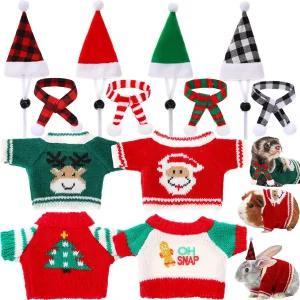 코스블랭크 4쌍 크리스마스 기니피그 코스튬 산타 모자 작은 동물 옷과 스카프 따뜻한 겨울 스웨터 페럿