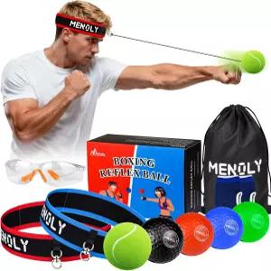 MENOLY 복싱 리플렉스 볼 세트 5개 조절 가능한 머리띠 2개 고글 및 장갑 1쌍 손안 협응력을 위한 스피드