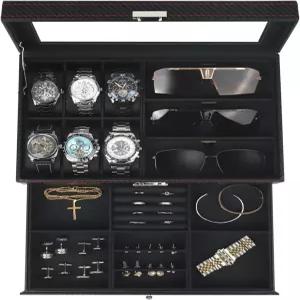 쿠키칸 시계 보석함 정리함 대형 유리 뚜껑이 있는 6슬롯 2겹 케이스 및 선글라스 보관함 잠금 장치가