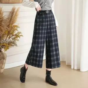 바지 모직 겨울 캐주얼 와이드 여성패션 체크 9부 8부 DL4