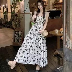여성 나시 드레스 패턴 롱 스모크밴딩 원피스