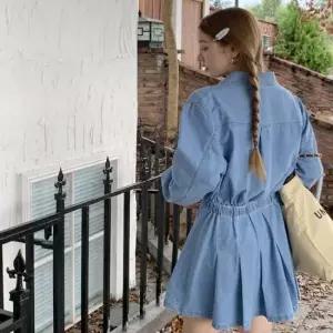 잘록 데님 청 원피스 자연스러운 A라인 스커트 카라