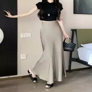 페미닌 여자 플레어 밴딩 허리 3 새틴 롱스커트 느낌