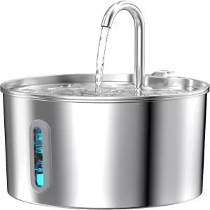 고양이 분수 스테인리스 스틸 음용용 2.2리터 - 내부 위한 자동 애완동물 수도꼭지 수위 창이 있는 금속 개