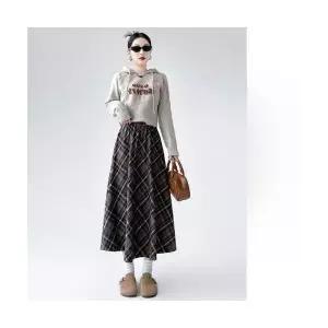 마이진 여성 정장 스커트 모직 체크 미디 빈티지 밴딩 ADOR3