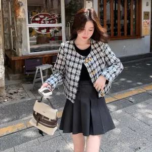 모직 빈티지 동계 코트 체크 여성패션 따뜻한 라운드 반 상의 DL4