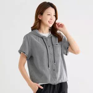 이브바바 쿨 인견 스트라이프 반팔 후드 셔츠 여름 엄마 중년여성 옷