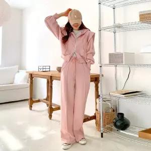 여성 면 무지 투웨이 후드집업 핀턱 와이드팬츠 트레이닝 세트 츄리닝 셋업 -WPST0251- 봄 가을