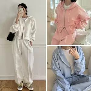 여성 면 쭈리 투웨이 무지 후드집업 와이드 팬츠 트레이닝 세트 츄리닝 -WPST0234- 봄 가을