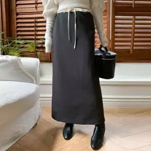 여성 코튼 배색 스트링 H라인 롱스커트 면 밴딩 치마 -WSK0143- 봄 가을