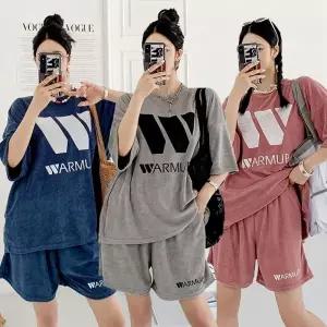 여성 테리 레터링 반팔 롱 티셔츠 밴딩 반바지 세트 바캉스 트윈룩 휴양지 타올 셋업 -WPST0383- 봄 여름
