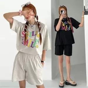 여성 면 나염 반팔 롱티셔츠 밴딩 반바지 츄리닝 세트 홈웨어 파자마 트레이닝 -WPST0080- 봄 여름