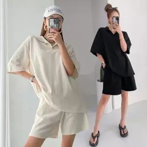 여성 면 카라 반팔 롱티셔츠 밴딩 반바지 트레이닝 세트 츄리닝 바캉스 휴양지룩 -WPST0083- 여름